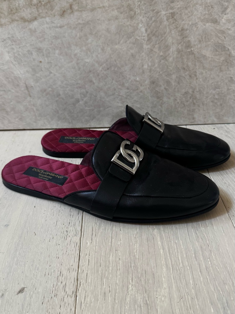 Dolce & Gabbana Black Leather Mules with Burgundy Quilted Insole